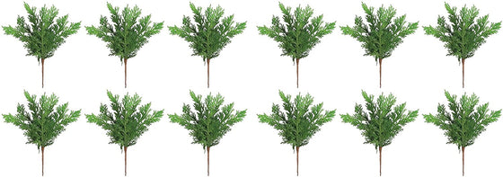 Set of 12 Artificial Natural Touch Cedar Pine Picks, 10 Inches Tall, Wired Branches for Arranging and Decoration