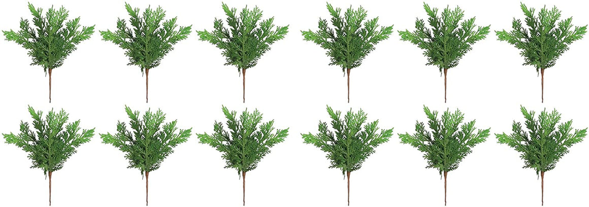 Set of 12 Artificial Natural Touch Cedar Pine Picks, 10 Inches Tall, Wired Branches for Arranging and Decoration