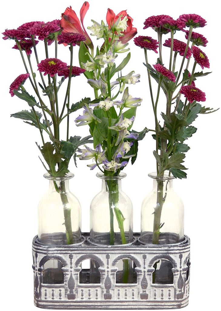 3 Clear Glass Bud Vases in Metal Caddy, 6-1/2 Inches High x 7-7/8 Inches Wide, Grey and White