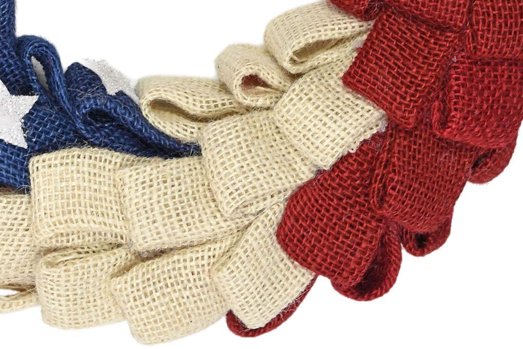 15.5 Inch Patriotic Red, Off White and Blue Burlap Ribbon Wreath, Front Door Wreath
