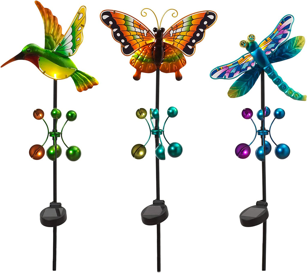 Set of 3 Colorful Metal Lighted Garden Friends Yard Stakes, Wind Spinners with Solar Lights 40 Inches High-Hummingbird, Butterfly and Dragonfly Wind Sculpture Art, 9 Inches Wide x 3.3 Feet High Each