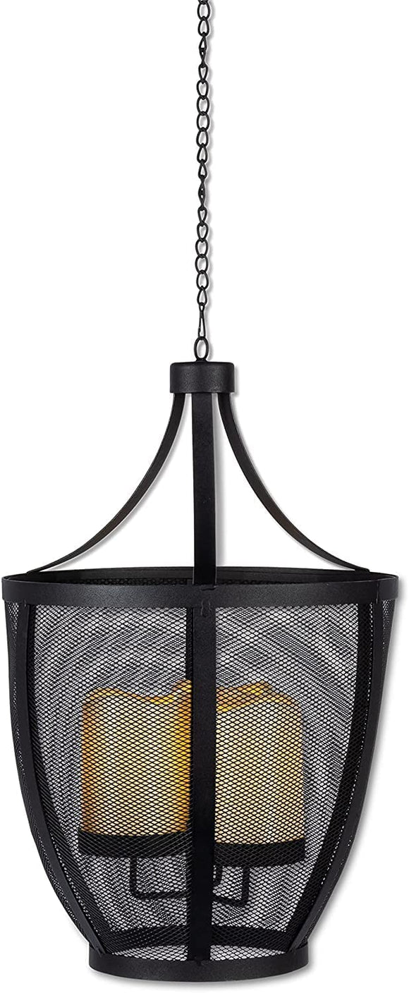 TenWaterloo 17 Inches High Battery Operated Black Metal Hanging Lantern Chandelier with 3 LED Candles, Indoor Outdoor, with Timer, Patio Lantern, Dining Lantern