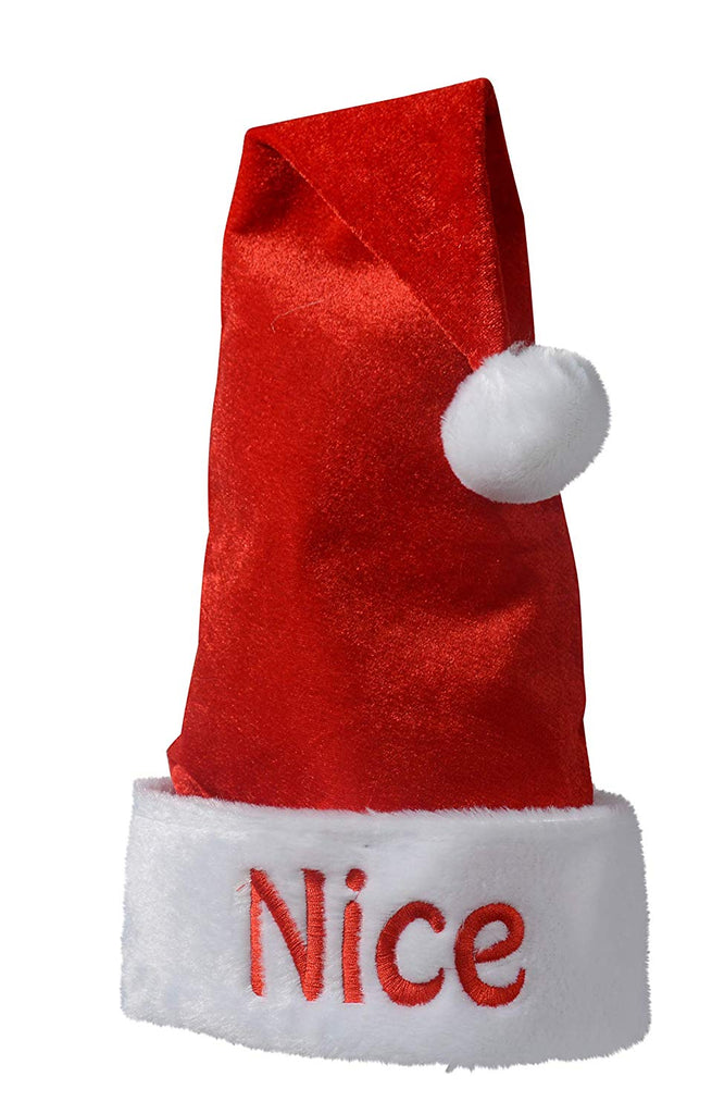 Red Santa Hat Naughty or Nice - Reversible Christmas Hat - Embroidered Stitching with White Fur Trim - Adult Size