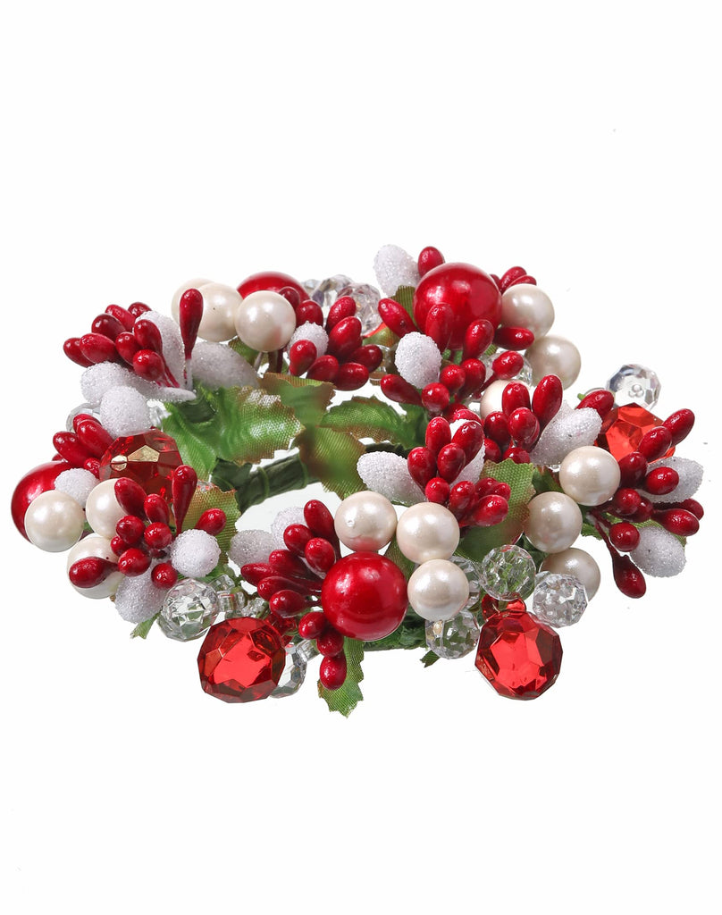 Crystal and Pearlized Berry Faceted Red, White and Cream Berry Christmas Candle Ring, 4 Inches, Glass Coated Artificial Berries for Taper Candlestick Candle or Votive Candleholder