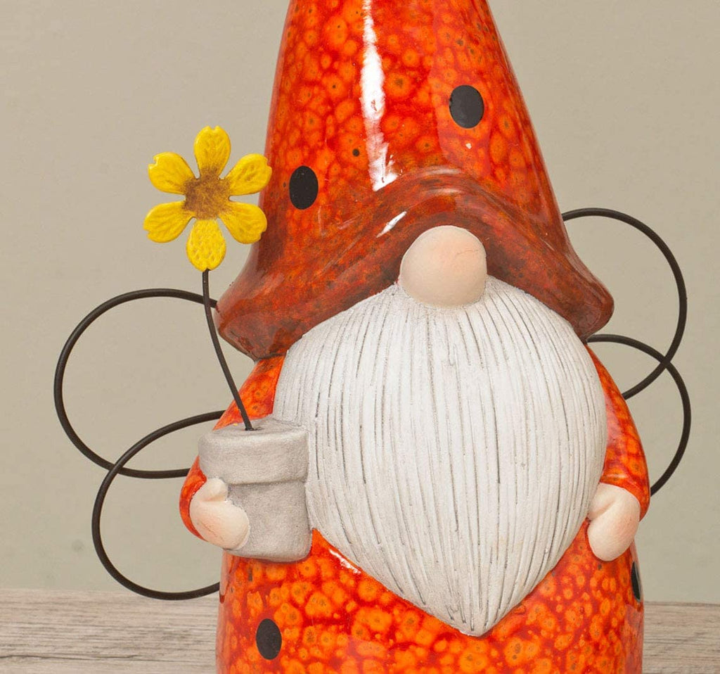 Set of 2 Garden Gnomes 10.5 Inches High, Ladybug and Bee Terracotta Garden Gnome Sculptures with Metal Wings