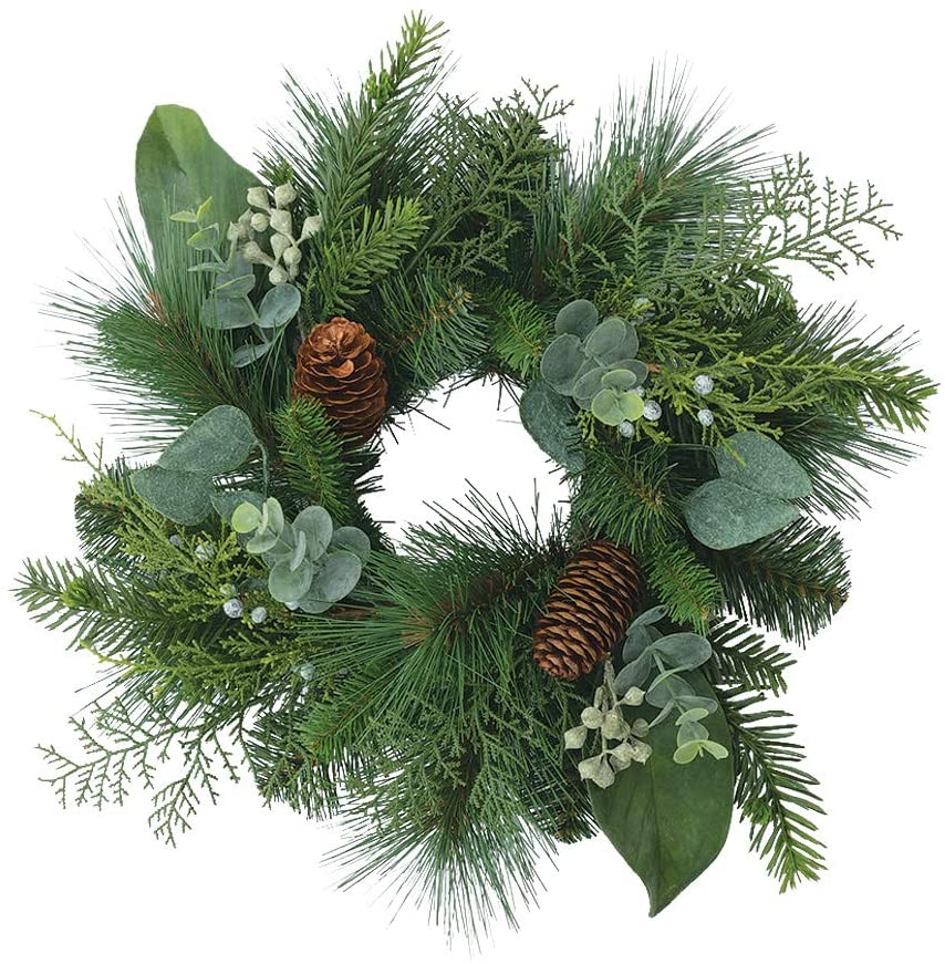 TenWaterloo 12 Inch Artificial Mixed Pine Candle Ring and Wreath- Christmas Ring with Pine Cones and Eucalyptus