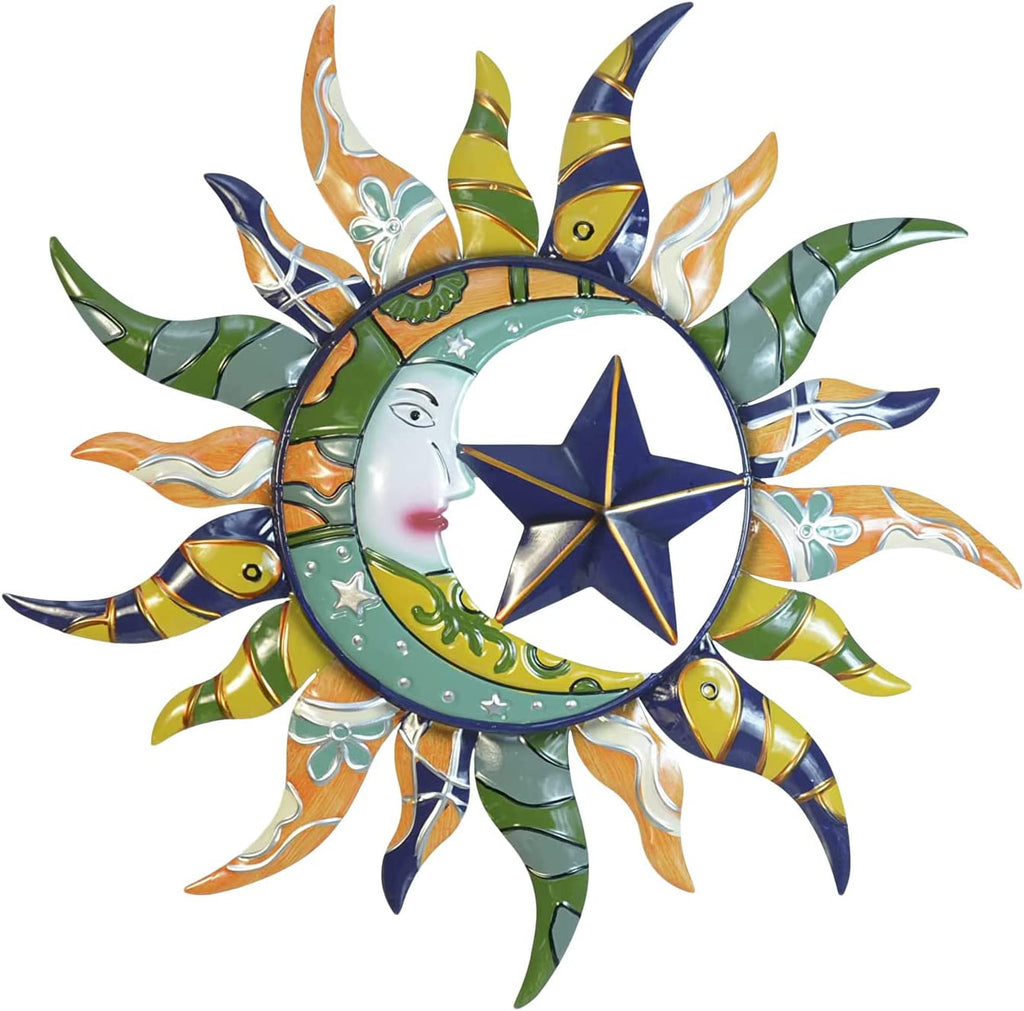 Sun Moon & Stars Metal Wall Hanging Garden Art, 25 Inches, Outdoor Decor Wall Art - Blue, Teal, Yellow, Green, Silver and Copper