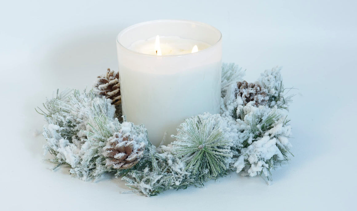 Snow Frosted Artificial Pine Pillar Candle Ring, 10 Inches