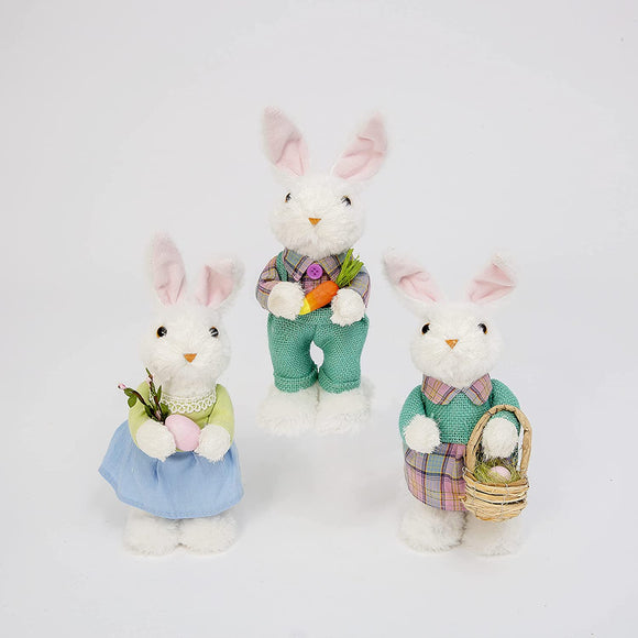 Set of 3 White Easter Rabbits Dressed for Spring, 11 Inches High, Soft Fur and Detailed Clothing, Easter Rabbit Décor