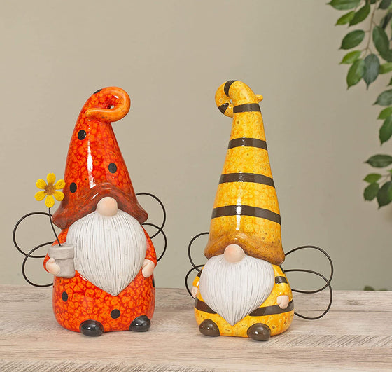 Set of 2 Garden Gnomes 10.5 Inches High, Ladybug and Bee Terracotta Garden Gnome Sculptures with Metal Wings