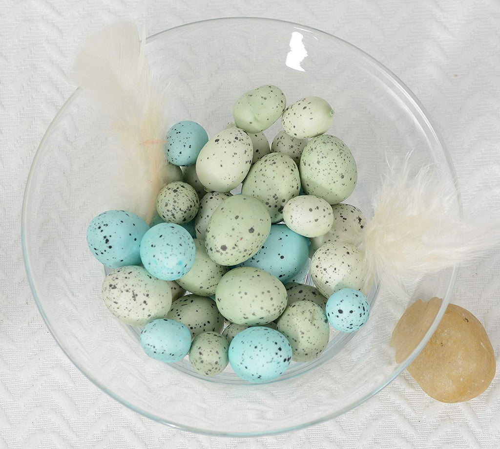 Ten Waterloo Small Artificial Bird Eggs, 36 Pieces.75 to 1.25 Inches Long, Soft Blue and Green Speckled Eggs