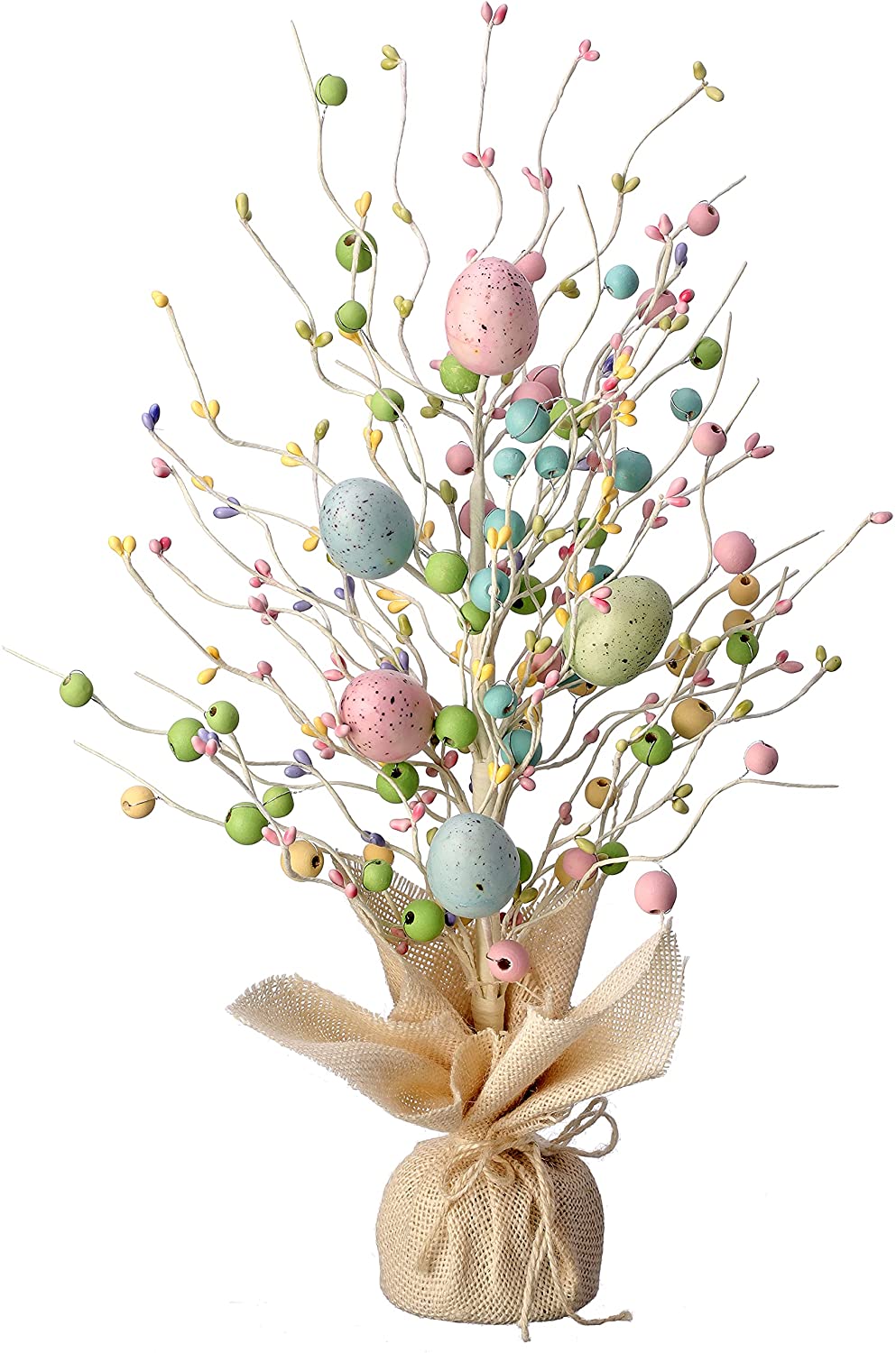 Easter Egg Tree, Tabletop Egg Tree with Artificial Speckled Eggs and Burlap Wrapped Base, 20 Inches High - White, Pink, Green, Blue