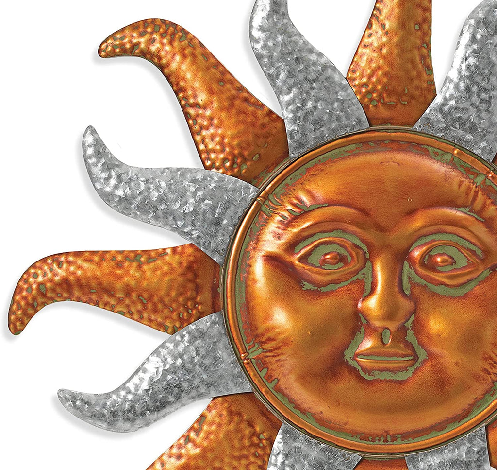 29.5 Inch Large Metal Sun Wall Art with Copper Finish Face and Patina Finish Sun Rays with Silver, Metal Sun Wall Art
