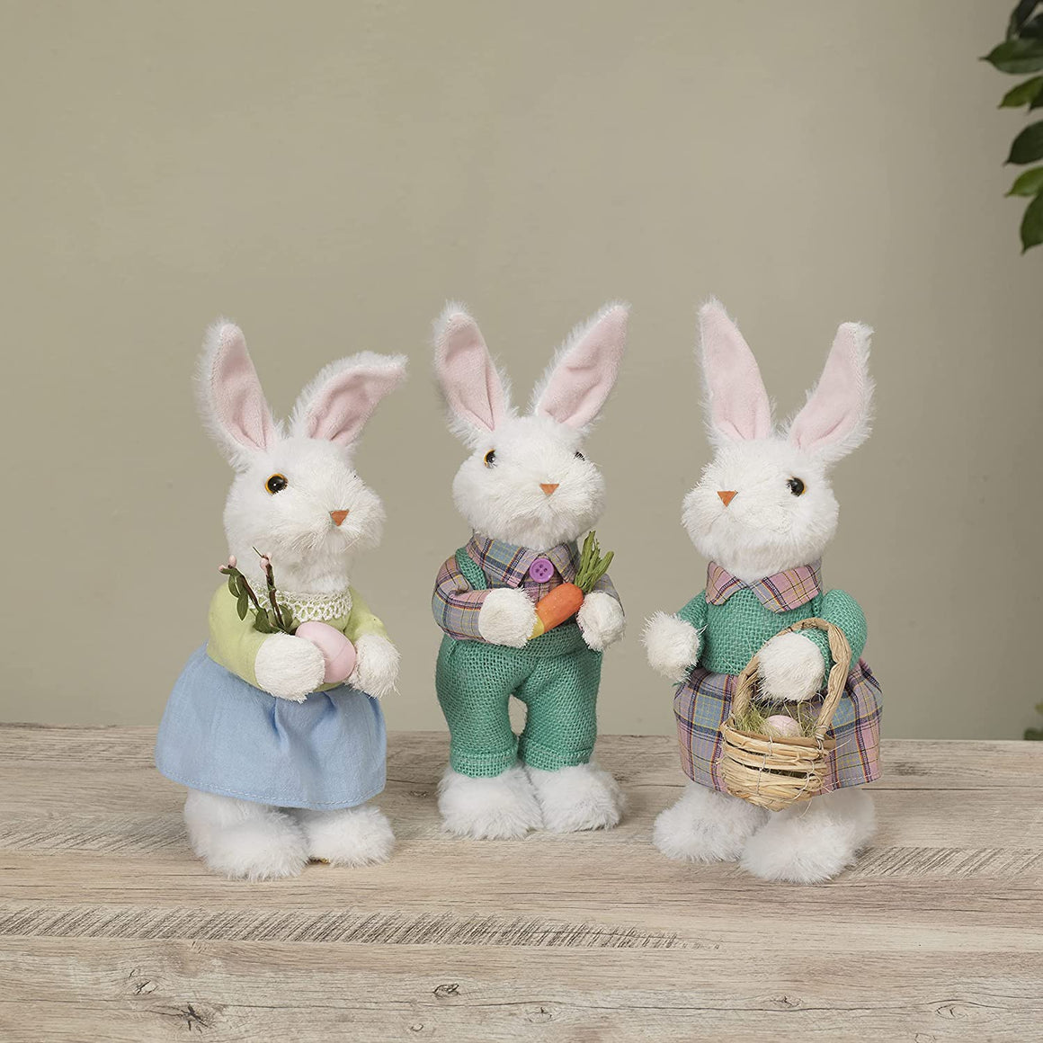 Set of 3 White Easter Rabbits Dressed for Spring, 11 Inches High, Soft Fur and Detailed Clothing, Easter Rabbit Décor