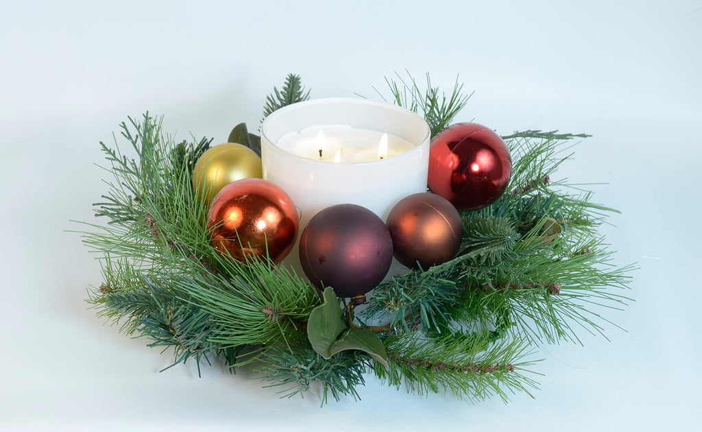 14 Inch Artificial Mixed Pine Christmas Candle Ring with Ornaments and Leaves for Pillar Candles- Blue, Red, Gold, Burgundy