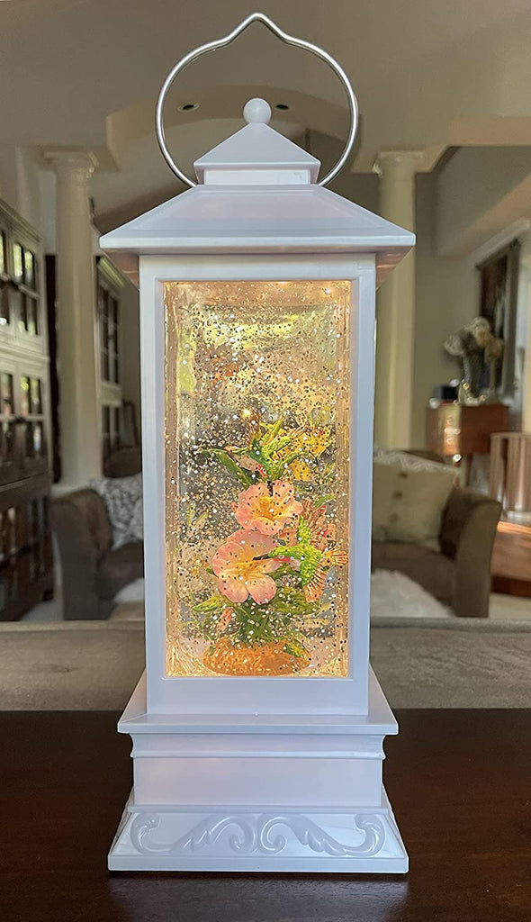 Spring and Summer Water Lantern with Hummingbirds and Flowers, Battery Operated with Timer or USB - 11" High Garden Scene Lighted Water Lantern with Swirling Glittered Effect