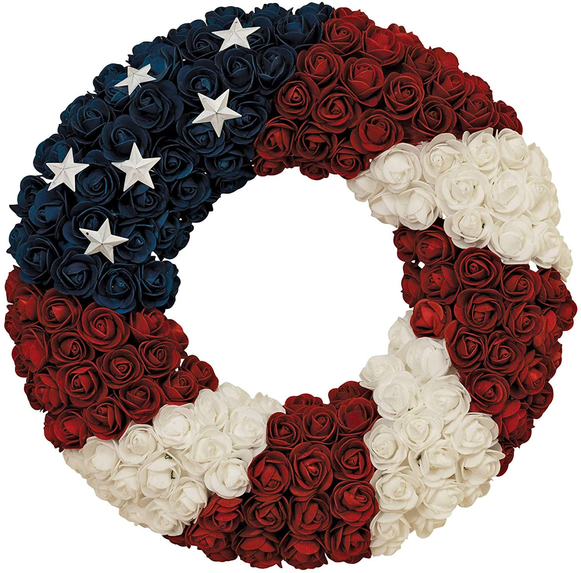 Soft Rose Americana Wreath, Patriotic Wreath 17 Inch Diameter, Roses and Stars, Red White and Blue 4th of July Decorating