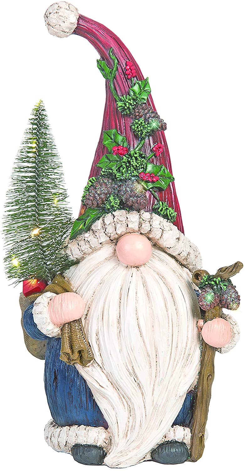 TII Large Lighted Resin Woodland Christmas Gnome, Battery Operated, 14 Inches High