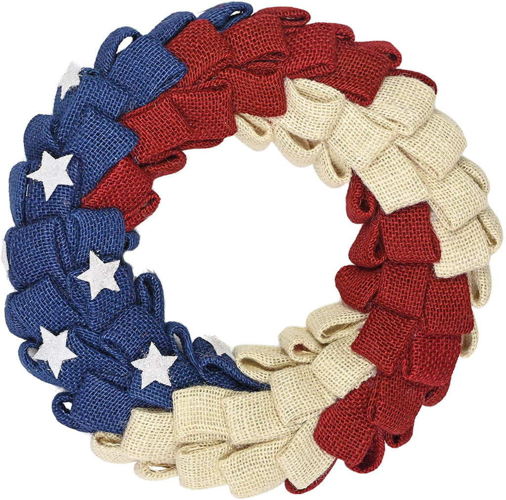 15.5 Inch Patriotic Red, Off White and Blue Burlap Ribbon Wreath, Front Door Wreath