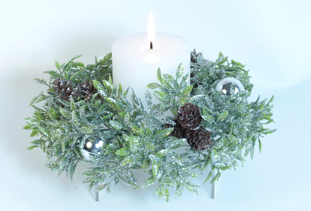 8.5 Inch Silver Glittered Artificial Tea Leaf Candle Ring with Silver Ball Ornaments and Pine Cones