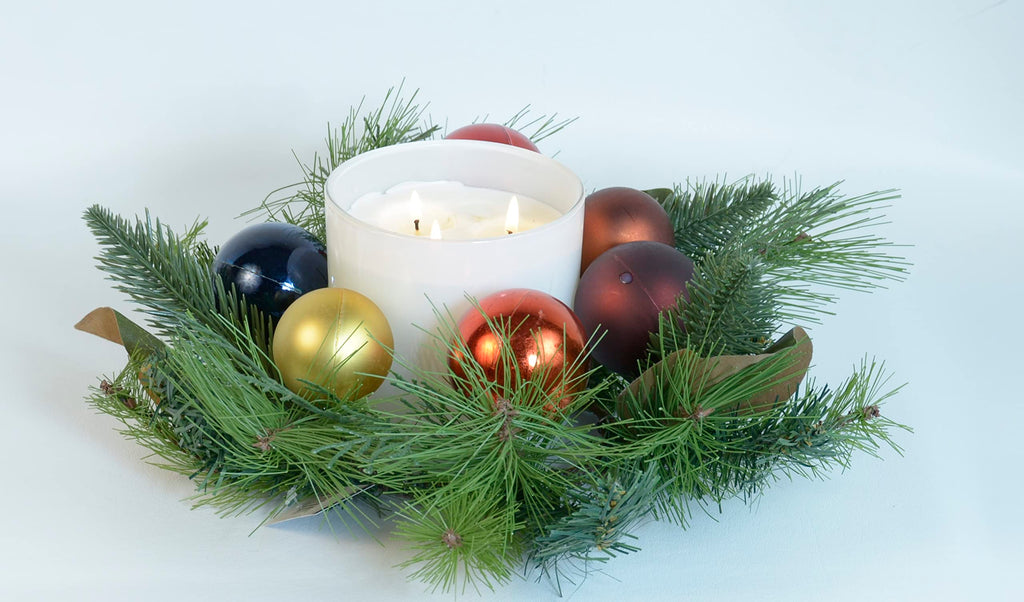 14 Inch Artificial Mixed Pine Christmas Candle Ring with Ornaments and Leaves for Pillar Candles- Blue, Red, Gold, Burgundy
