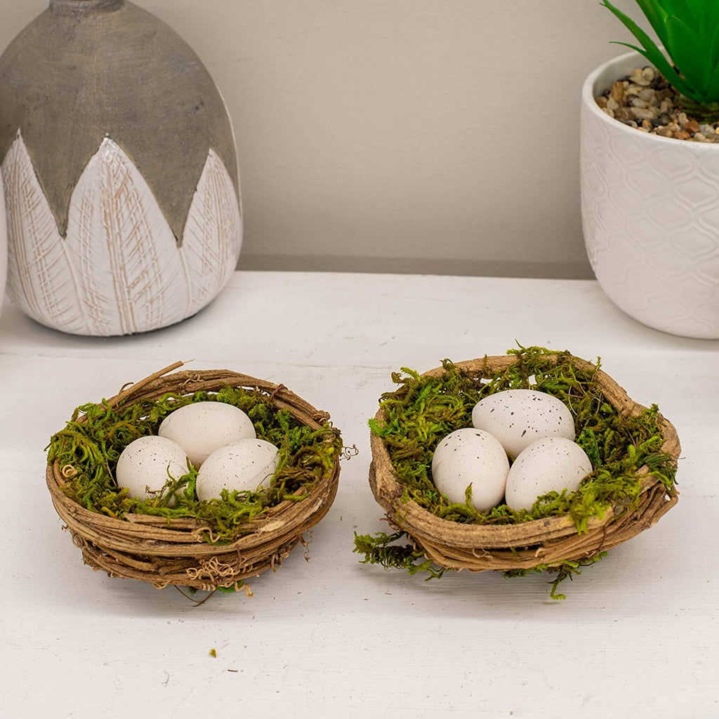 Bird Nest with Eggs Brown and White 4.5 Inches Vine Home Décor Accent Set of 2