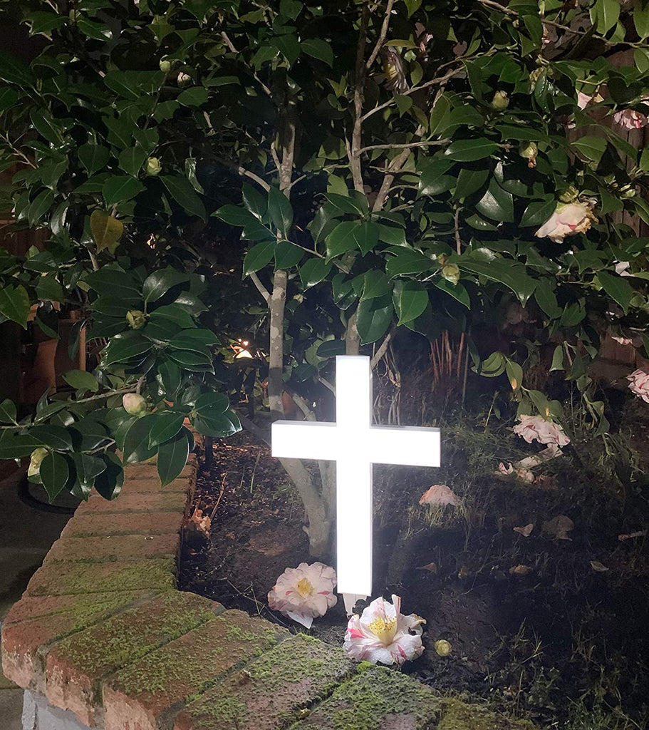 Lighted White Garden Cross, Solar Lighted Cross 13.75 Inches High x 9.75 Inches Wide