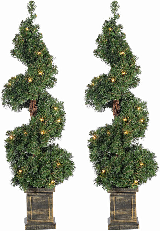 TenWaterloo Set of Two 3.5 Feet High Pre-Lit Entryway Artificial Pine Trees in Planters, Battery Operated with Timers, Indoor/Outdoor Use