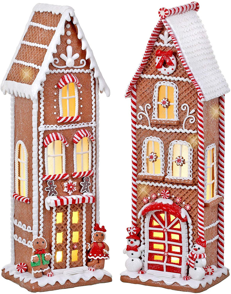 TenWaterloo Set of 2 Large Lighted Gingerbread Peppermint Candy House with Timers in Clay Dough Resin with Frosted Snow Look, Battery Operated, 17 Inches High Each