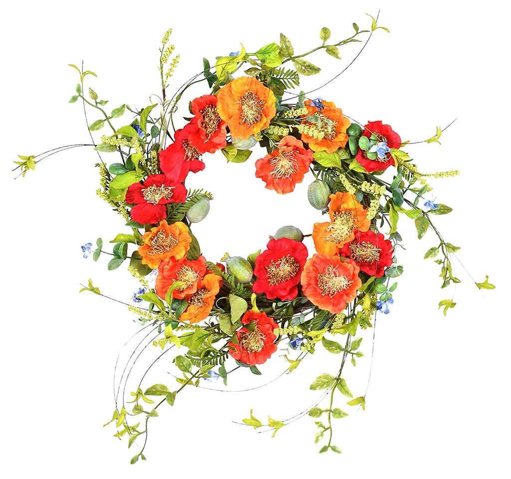 TenWaterloo 22 Inch Orange and Red Artificial Poppy Wreath on Natural Twig Base