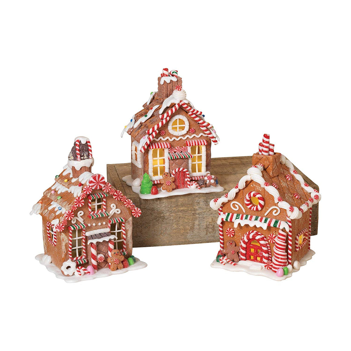 7 Inches High Lighted Battery Operated Clay Dough Christmas Gingerbread Houses, 3 Assorted