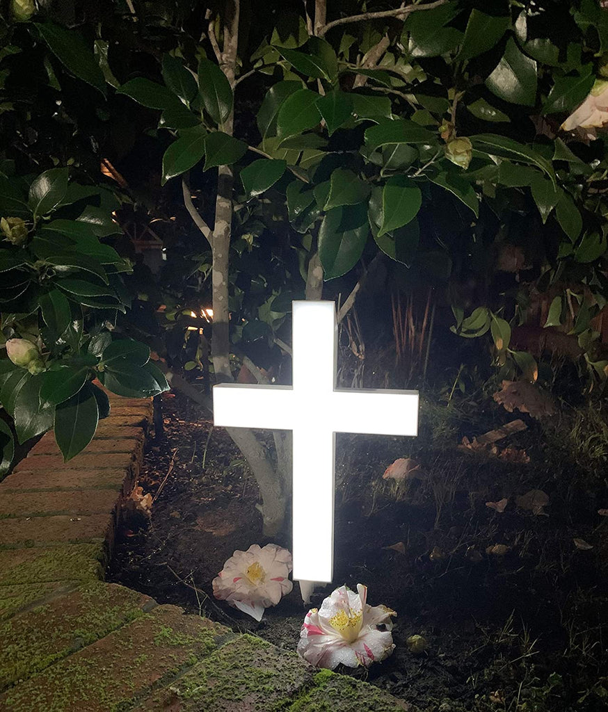 Lighted White Garden Cross, Solar Lighted Cross 13.75 Inches High x 9.75 Inches Wide