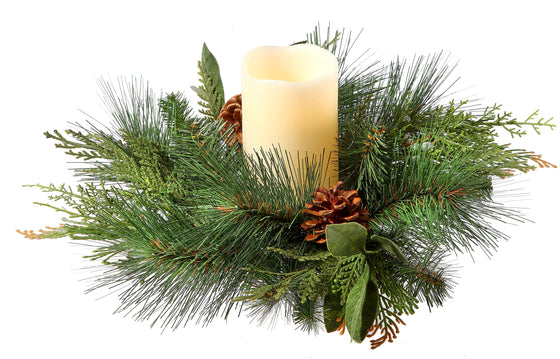12 Inch Artificial Juniper and Cedar Christmas Candle Ring with Bay Leaves and Pine Cones for Pillar Candles