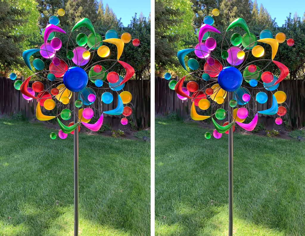 Set of 2 Large Colorful Metal Wind Spinners 5.5 Feet High, Garden Wind Sculpture Art, 18 Inches Wide x 66.5 Inches High