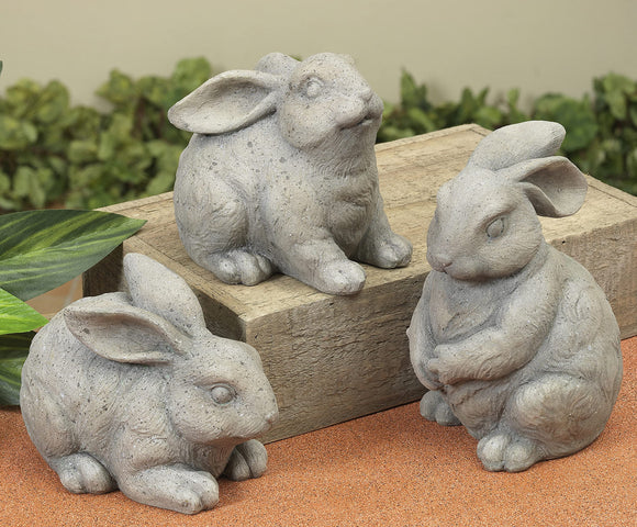 Set of 3 Garden Rabbit Sculptures 4 to 6.5 Inches High, Polyresin, Grey, Garden Art