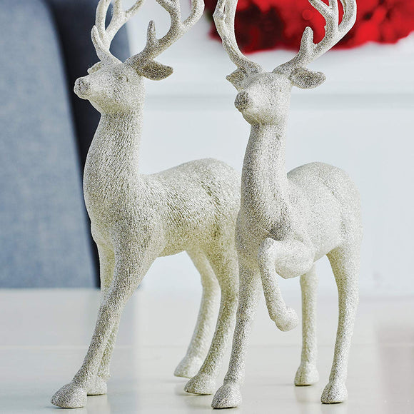 Set of 2 Holiday Reindeer Figures: 12.5 Inches Glitter Reindeer Decor by RAZ Imports (Silver)