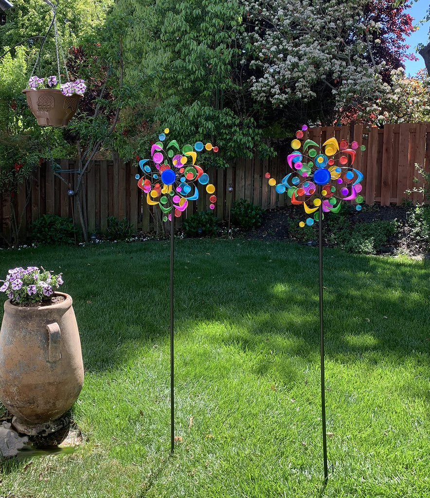 Set of 2 Large Colorful Metal Wind Spinners 5.5 Feet High, Garden Wind Sculpture Art, 18 Inches Wide x 66.5 Inches High